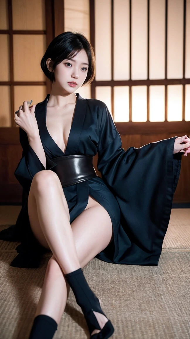 1girl beautiful::5, gorgeous::5, breath taking, deadly, feudal japan, edo period, night, japanese highres, short hair, dark hair, black hair, green eyes, almond shaped eyes, eyes wide::5, thin lips, parted lips::5, mouth open::5, mouth agape::5, solo ((masterpiece)), photo referenced::5, pale skin, tenchu kunoichi professional, ultra high res kuugire stealth, soft feminine facial features, button nose, 25 years old, seductive look, arrogant look, sinister look, detailed face, shocked expression::5 afraid::5, etailed eyes, dark blue kimono feet foot, toes, toe, underwear panties, black stockings, black socks, pose bent, long kimono, pantyhose, shadow eye make-up, zako, Dress in blue, short kimono and wear protective socks