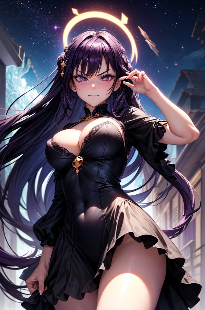 (masterpiece), best quality, expressive eyes, perfect face, () , 1girl, [highly detailed eyes], (highly detailed eyes), anime girl with long hair, goddess of the galaxy, nebula, dress, [], (}, godly stance, godly pose, head leaning on hand, hand on face, from below, seductive anime girl, [seductive face], mommy, milf, cleavage, ((floating)), no panties, anime best girl, an anime drawing inspired by Naka Bokunen, mature, solo, tall, normal body, dark theme, dark aesthetic, ((black and purple hair)), stars on dress design, ((angry)), smirking, smirk, , 