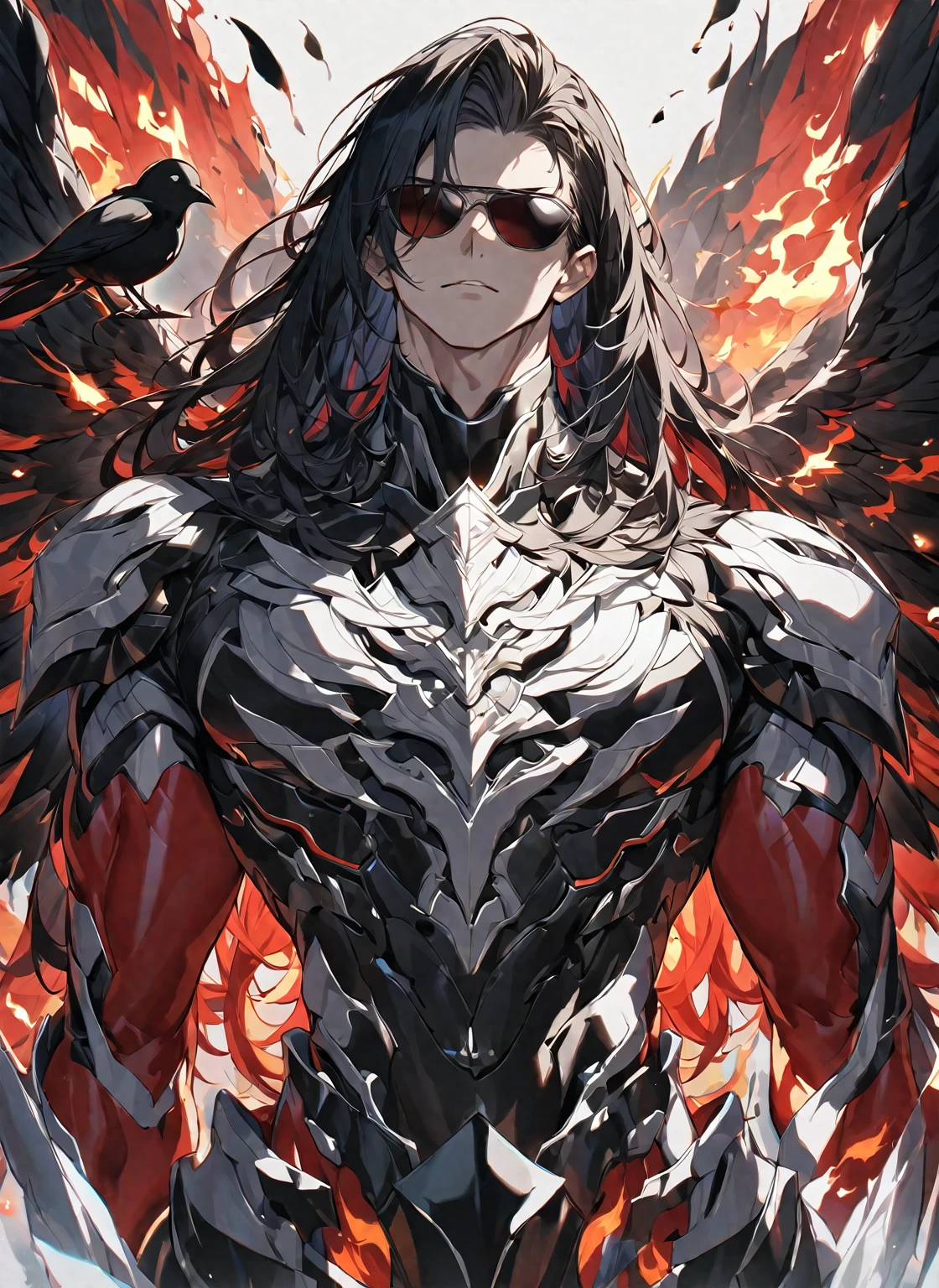 Best quality, One, beautiful, 1 man, tall man, with a sporty body, V-shaped body, wide shoulders, black detailed armor with luminous white details, 10 black bird wings, long hair, Black hair covered with Fire Coals, neon white pupils(white), on the background Black fire with shades of red, white threads