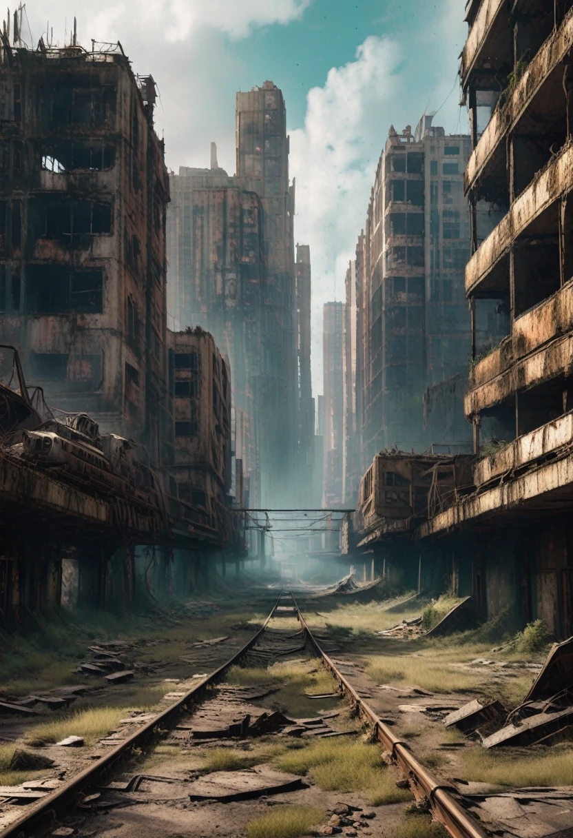 Image of the center of a modern abandoned city with a rusty and dirty train passing between the ruined dirty modern buildings. Cyberpunk style, Science fiction, apocalypto 