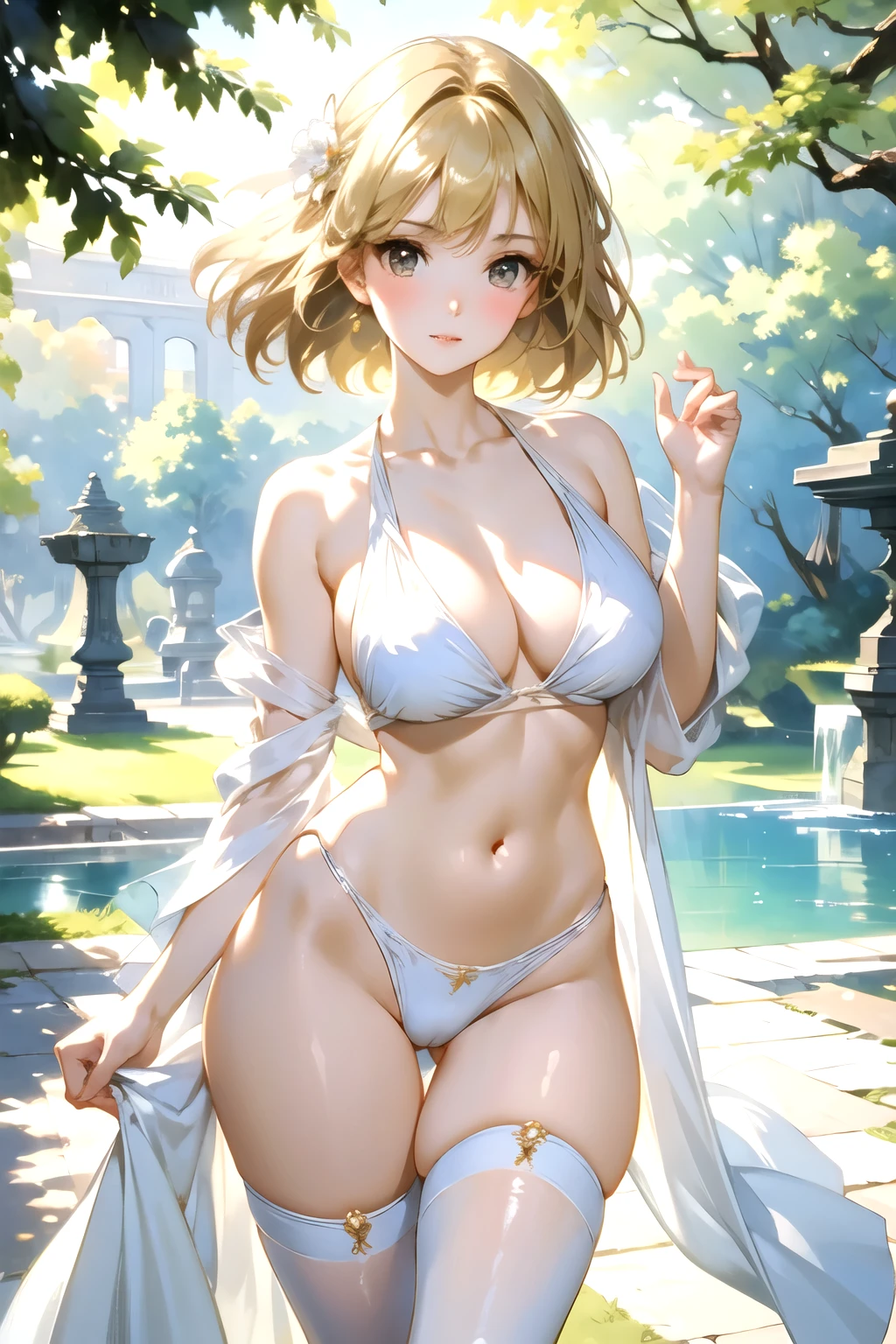 see through,Beautiful and fair、Radiant Skin, 3 Up, Gorgeous, bright, Refreshing and gentle expression, Perfect beautiful face、Beautiful shiny bangs, A very beautiful girl, Eyeliner, Very perfect eyes,Very large breasts,Grooves reveal original skin,Muscular body,White bikini tights,Blonde short hair