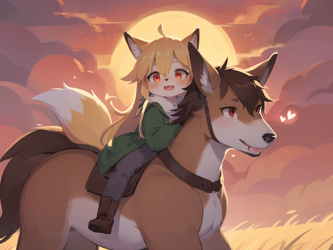 the fox, , was hairy, shaggy, skin fur, smooth lashes, golden fur, forelimb hands, straight long blonde hair, solid circle eyes, golden ears, golden fur, golden facial fur, shiny hair, red eyes, heart-shaped eyes, super cute face, 1fox tail, fluffy tail, furry tail, glowing eyes, green coat green hood down, brown trousers, riding young horse, open mouth, pain face, embarrassed, ambient light, ultra-fine fur, dashed eyes, full body, masterpiece, high quality, high-details, best quality, (((solo))), twilight, sun light, red sky, rim light