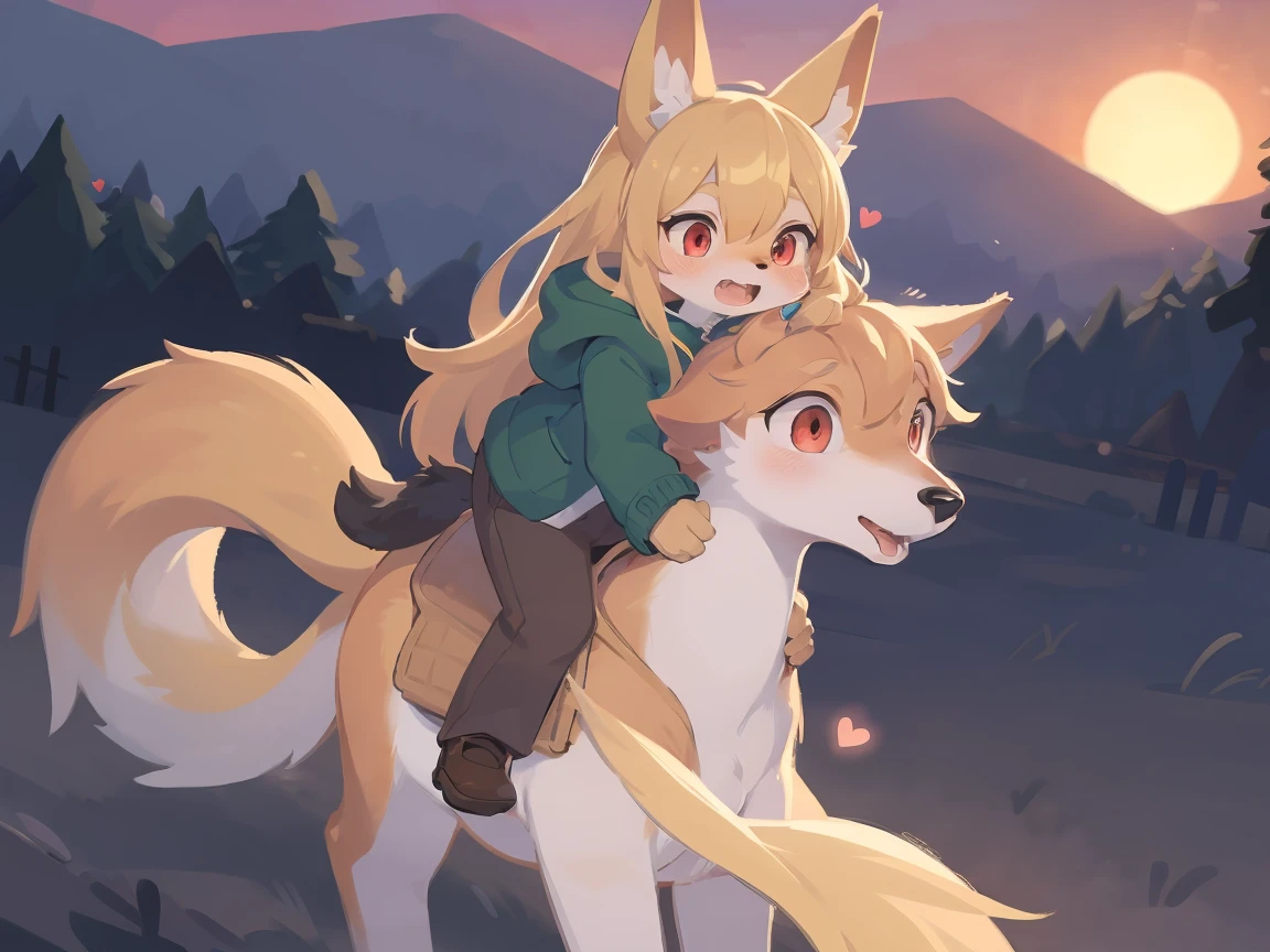 the fox, , was hairy, shaggy, skin fur, smooth lashes, golden fur, forelimb hands, straight long blonde hair, solid circle eyes, golden ears, golden fur, golden facial fur, shiny hair, red eyes, heart-shaped eyes, super cute face, 1fox tail, fluffy tail, furry tail, glowing eyes, green coat green hood down, brown trousers, riding young horse, open mouth, pain face, embarrassed, ambient light, ultra-fine fur, dashed eyes, full body, masterpiece, high quality, high-details, best quality, (((solo))), twilight, sun light, red sky, rim light