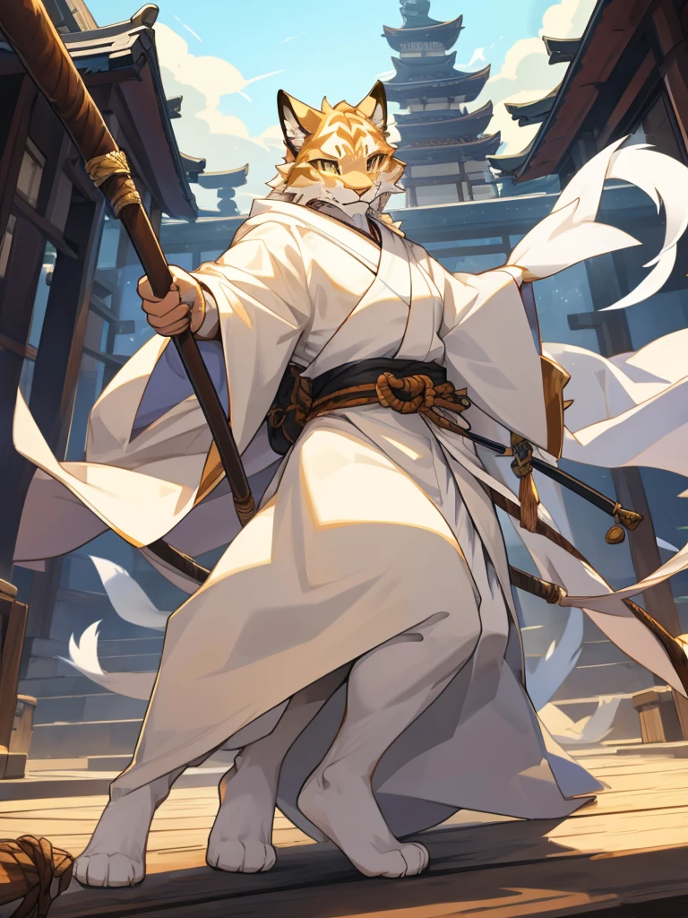 All white Tabaxi who is very fluffy, with a long whip, wearing long japenese styled robes