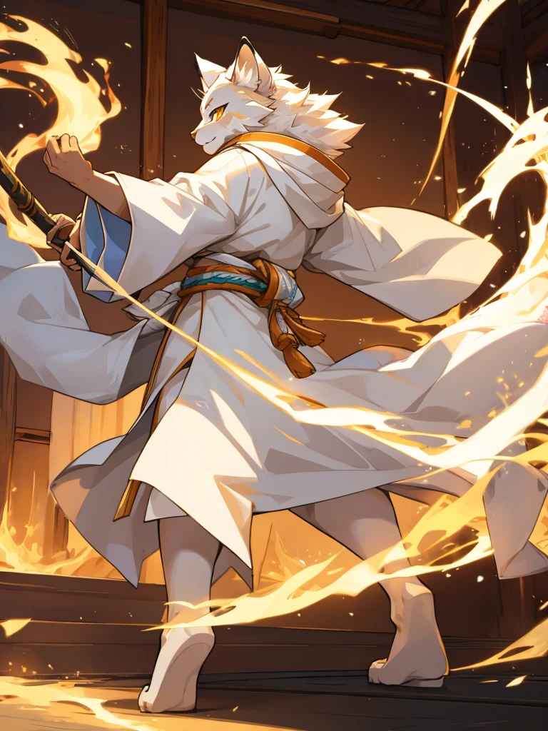 All white Tabaxi who is very fluffy, with a long whip, wearing long japenese styled robes