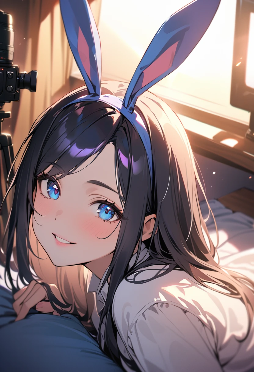 Take a break 1 girl, long hair, black hair, straight hair, Short bangs above the eyebrows, blue eyes, seductive smile, (Varisa:1.2),
Take a break (Masterpiece), (High resolution 8K), movie light, professional lighting, Detailed eyes and face, fine texture,
Take a break white shirt, blue bunny ears, pleated skirt,
Take a break from above,