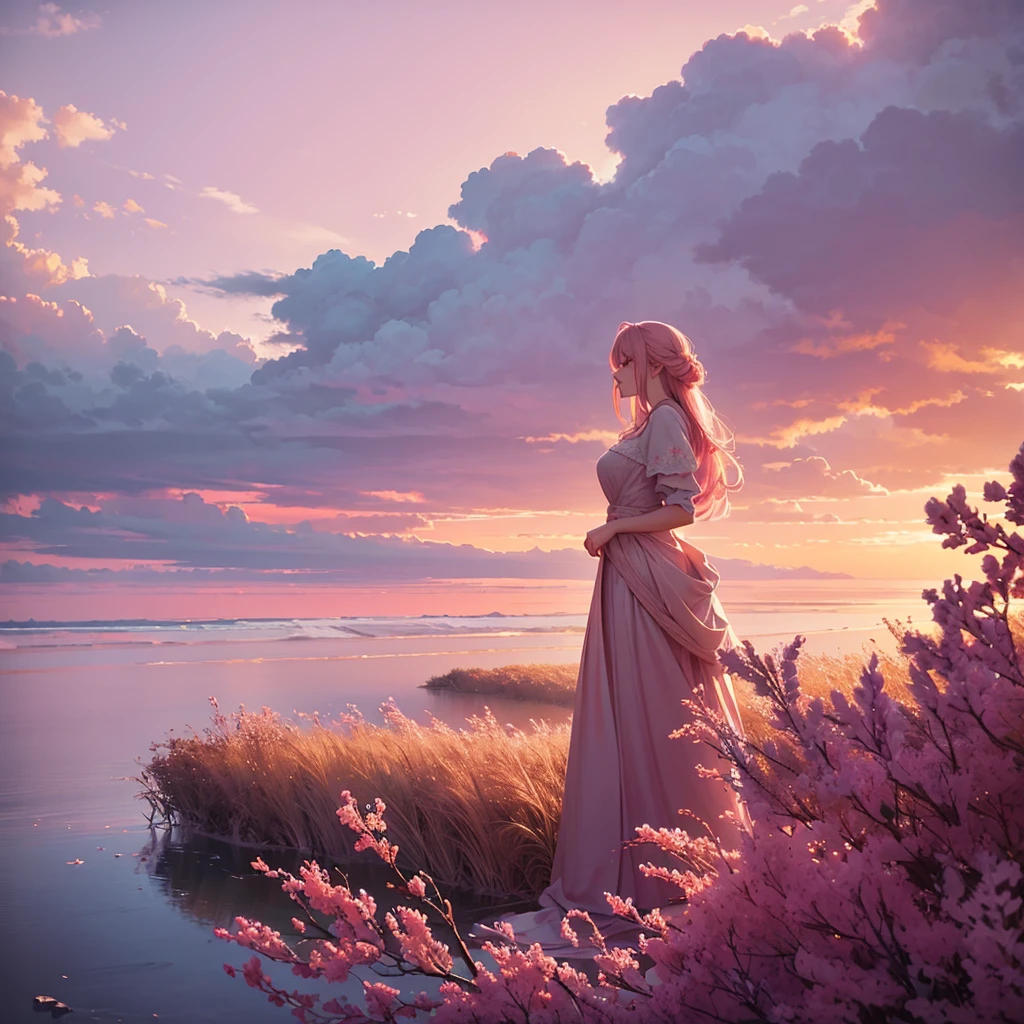 a beautiful pink sky, a serene landscape, detailed clouds, pastel colors, soft lighting, golden hour, dramatic atmosphere, cinematic, highly detailed, 8k, photorealistic, masterpiece, award winning, intricate details, vibrant colors, ethereal, dreamlike, elegant, sophisticated, stunning, magnificent