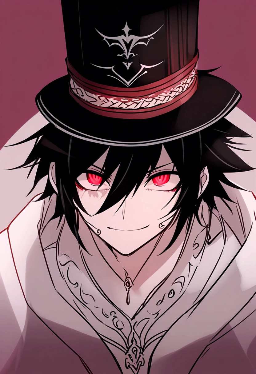 An extremely attractive boy..., with his face covered by a top hat, cheered up style, 4k, semi-realist, detailed, extremely handsome, YOUNG, Red eyes, cheered up style, cheered up, maestro, Chico, sharp eyes, seductive eyes, malicious address 1 man, adult, cara adultao, beautiful, short, messy black fur, crimson eyes, ojos claros y detaileds, elegant, high, black clothes, quiet, condescending, medieval fantasy, (Light color, dynamic shading), look at the viewer , YouTube mascot