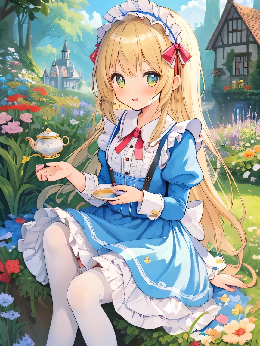 ((Masterpiece)), ((top quality)), very detailed, animated style illustration, 1girl, cute girl, solo, Alice in Wonderland, Alice, dress, blue, blonde hair, headband, fantasy, lolita fashion, frills, ribbon, apron, tea party, striped stockings, Mary Jane shoes, whimsical, dreamy, magical, adventure, rabbit, key, clock, garden, curious, curiouser and curiouser.