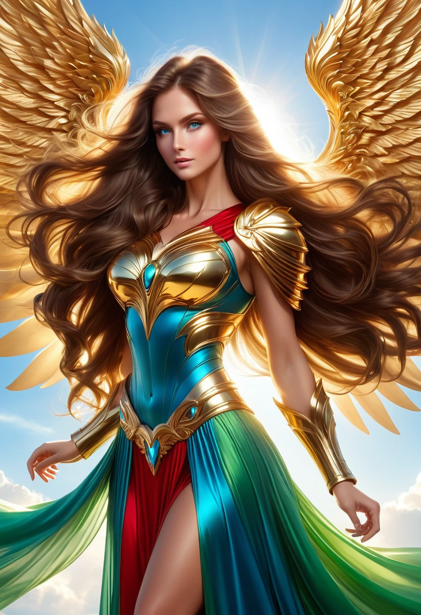 LOVELY WINGGED WOMAN, GOLD HUGE WINGS, HUGE LONG BROWN HAIR, TANNING SKIN BLUE EYES, HIGH CHEEKBONES, ROSY CHEEKS, MENTAL FORAMEN, HUGE LONG HAIR, VOLUMOUS HAIR, RED GREEN LONG DRESS, GOLD GAUNTLETS, ATHLETIC BODY, SIDE BODY VIEW, HEAVEN, SUNLIGHT, BACKLIGHTS, , BLUE SKY, DAYLIGHT, ACCURATE IMAGE, MASTERPIECE.