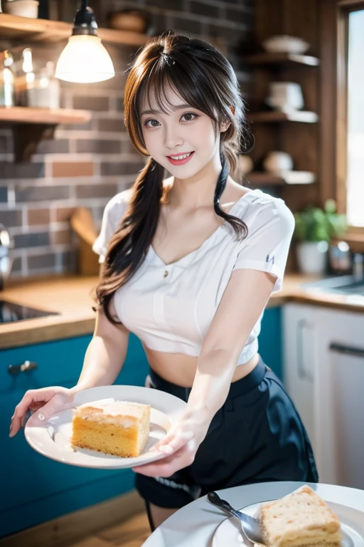 (dynamic angle:1.3, front view:1.1, breast focus:1.3, from above:1.1), (dynamic posing:1.2, sexy posing:1.2), (seductive smiling:1.3), ((holding Pasta on a plate,Taking the pasta out of the pan, worried about the outcome:1.2)),highest quality、(real、photorealistic:1.4),(ultra high resolution, 8K RAW photo, clear focus), best qualtiy, natural lighting, field depth, (Bright pupils, detailed beautiful eyes, high detailed face), Red lip, (tight focus:1.2), a girl 22yo old, Wearing a pastry chef uniform:1.3 , Thicc, thin breast, long hair, blue eyes,garter stocking, cleavage:1.2, midriff, black shorts, black thighhighs, thigh strap, pretty girl, (highly detailed beautiful face and eyes,firm breasts),real skin,((black,hair,long pony tail hair)),thin pubic hair,cute,lovely, detailed eyes,(double breasted:1.0,under bust:1.0),(with sparkling eyes and a contagious smile),open mouth, Looking at Viewer,A scene of make cooking Cakes in the kitchen
