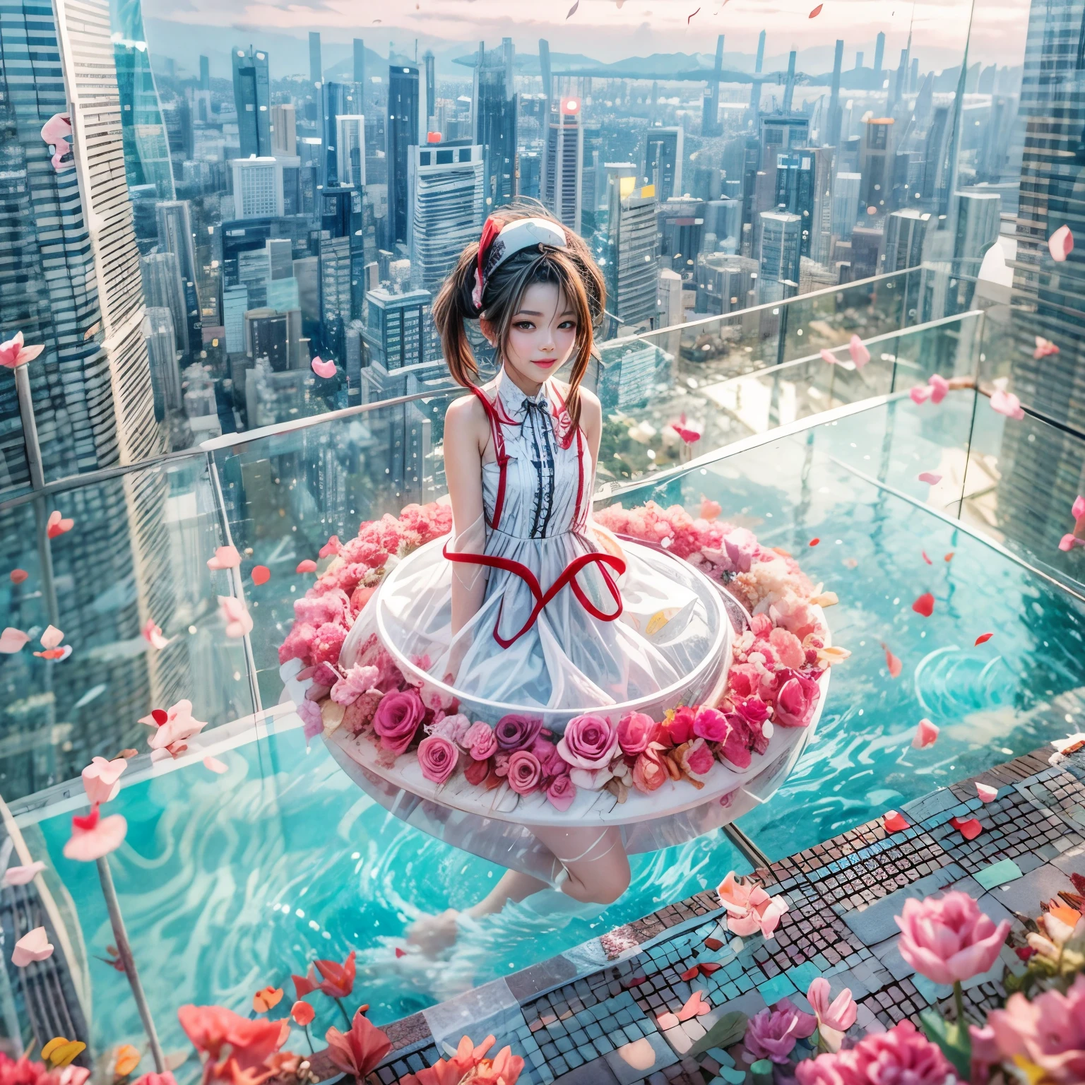 BloodRed, White in Pearly RainbowColors,ExtremelyDetailed(ProfessionalPhoto of Girl Floating in the Sky:1.37)ZoomLayer{Stunning|Mystic|GodRays|Haze}, 57th floor infinity pool in the urban forest. (Masterpiece 8K TopQuality:1.2)(ExtremelyDetailed NOGIZAKA face:1.37) ElaboratePupil with (SparklingHighlights:1.28) DoubleEyelids with Voluminous LongEyelashes PUNIPUNI RosyCheeks (Joyful Expressions LifeLike Rendering) MotionBlur  BREAK  (Acutance:0.77) PUNIPUNI Radiant Impeccable PearlSkin with Transparency White(Skinny SchoolSwimwear) {(HiddenHand)|((Corrected BabyLike Hand))} Whole Body Proportions and all limbs are Anatomically Accurate, {Carnation|Tulips|(Rose)} [FlowerWreath WrappedBody Full of Flowers Covering girl's body] {((Dazzling RainbowColorHorizon))|ColorfulSky|ColoredClouds|(Starly Particles)}(extra limbs:-1.4)(Not Detailed Face:-1.37)(Not Detailed Hand:-1.28), Drawing infinity pool reference to the rooftop of Marina Bay Sands