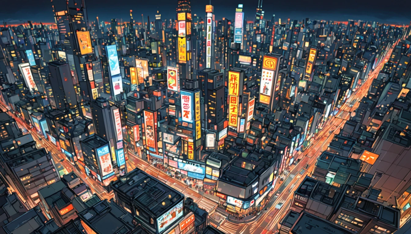 ((Anime: 1.4, Illustration)), (Masterpiece, Top Quality, Best Quality), (Ultra-Detailed, Absolutely Resolution), ((16k, HIGH RES)) (Shibuya cityscape, bird's-eye view, ultra-detailed cityscape, night, moonlight, neon signs), ( Anime: 1.4, Illustration)), (Masterpiece, Top Quality, Best Quality), (Ultra-Detailed, Absolutely Resolution). Ak {Lofi Art, Style of Laurie Greasley, Style of Makoto Shinkai, Anime Aesthetic}, BREAK {(Produces IMAGES WITH ITH INFORMATION THAN 40 Million Pixels with Cinematic-Like Detailed Textures S Hot on a Sony slur).}