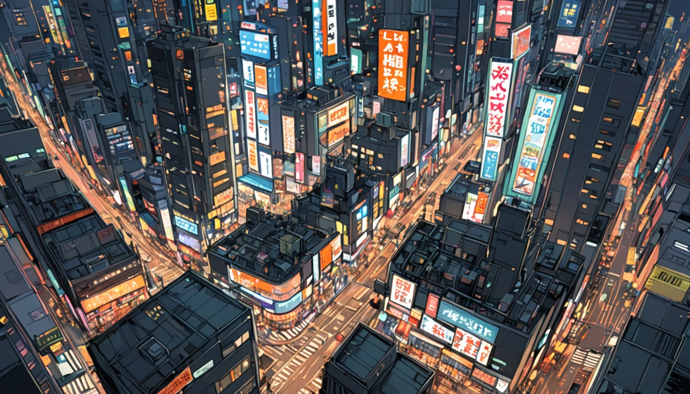 ((Anime: 1.4, Illustration)), (Masterpiece, Top Quality, Best Quality), (Ultra-Detailed, Absolutely Resolution), ((16k, HIGH RES)) (Shibuya cityscape, bird's-eye view, ultra-detailed cityscape, night, moonlight, neon signs), ( Anime: 1.4, Illustration)), (Masterpiece, Top Quality, Best Quality), (Ultra-Detailed, Absolutely Resolution). Ak {Lofi Art, Style of Laurie Greasley, Style of Makoto Shinkai, Anime Aesthetic}, BREAK {(Produces IMAGES WITH ITH INFORMATION THAN 40 Million Pixels with Cinematic-Like Detailed Textures S Hot on a Sony slur).}