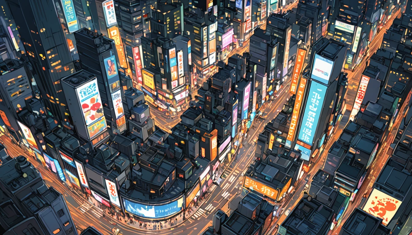 ((Anime: 1.4, Illustration)), (Masterpiece, Top Quality, Best Quality), (Ultra-Detailed, Absolutely Resolution), ((16k, HIGH RES)) (Shibuya cityscape, bird's-eye view, ultra-detailed cityscape, night, moonlight, neon signs), ( Anime: 1.4, Illustration)), (Masterpiece, Top Quality, Best Quality), (Ultra-Detailed, Absolutely Resolution). Ak {Lofi Art, Style of Laurie Greasley, Style of Makoto Shinkai, Anime Aesthetic}, BREAK {(Produces IMAGES WITH ITH INFORMATION THAN 40 Million Pixels with Cinematic-Like Detailed Textures S Hot on a Sony slur).}