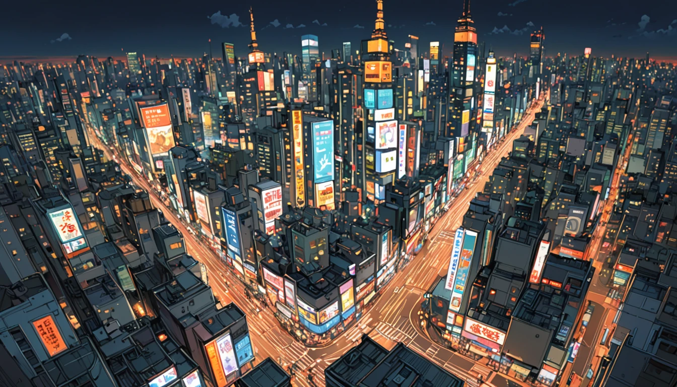 ((Anime: 1.4, Illustration)), (Masterpiece, Top Quality, Best Quality), (Ultra-Detailed, Absolutely Resolution), ((16k, HIGH RES)) (Shibuya cityscape, bird's-eye view, ultra-detailed cityscape, night, moonlight, neon signs), ( Anime: 1.4, Illustration)), (Masterpiece, Top Quality, Best Quality), (Ultra-Detailed, Absolutely Resolution). Ak {Lofi Art, Style of Laurie Greasley, Style of Makoto Shinkai, Anime Aesthetic}, BREAK {(Produces IMAGES WITH ITH INFORMATION THAN 40 Million Pixels with Cinematic-Like Detailed Textures S Hot on a Sony slur).}
