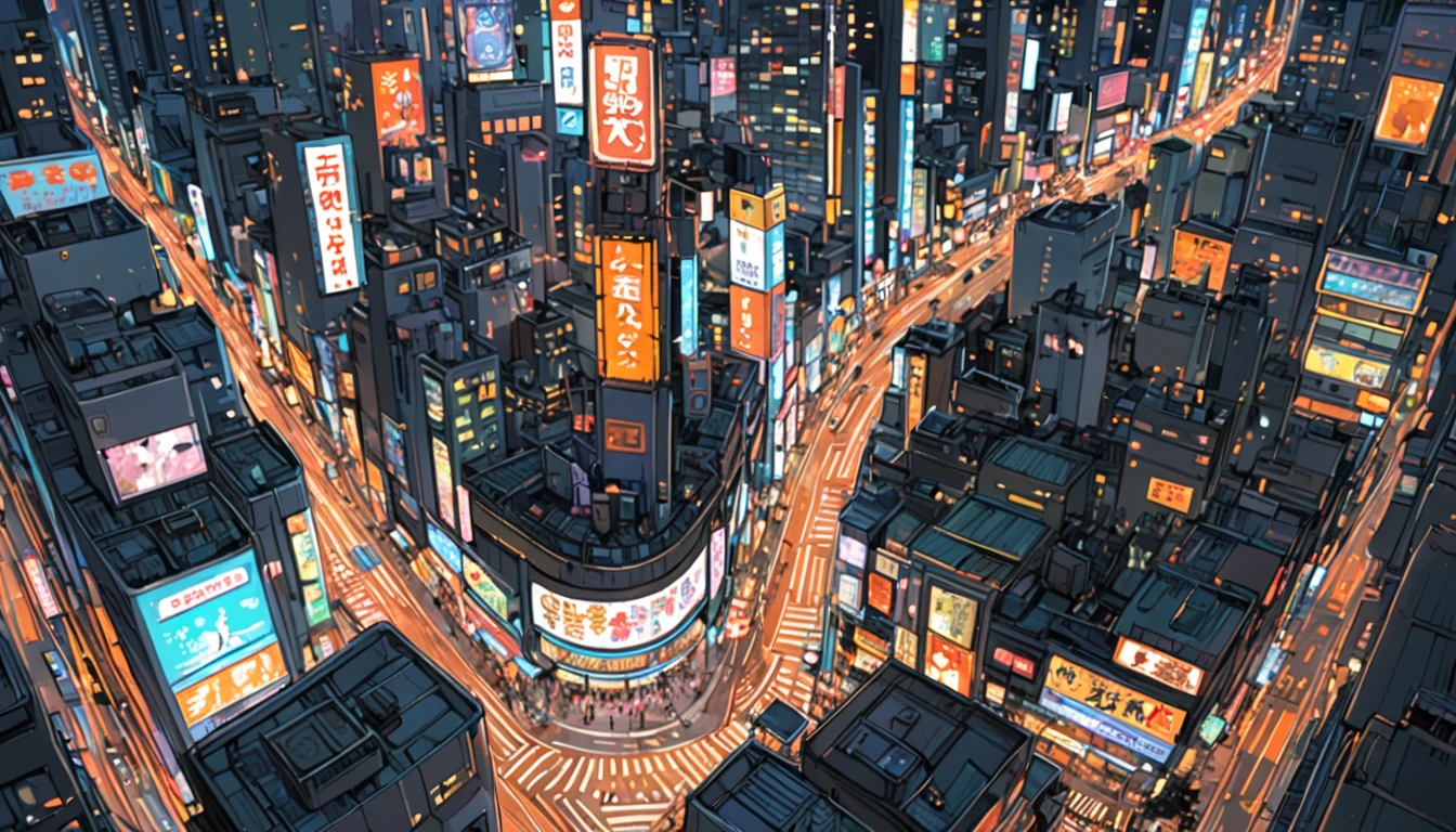 ((Anime: 1.4, Illustration)), (Masterpiece, Top Quality, Best Quality), (Ultra-Detailed, Absolutely Resolution), ((16k, HIGH RES)) (Shibuya cityscape, bird's-eye view, ultra-detailed cityscape, night, moonlight, neon signs), ( Anime: 1.4, Illustration)), (Masterpiece, Top Quality, Best Quality), (Ultra-Detailed, Absolutely Resolution). Ak {Lofi Art, Style of Laurie Greasley, Style of Makoto Shinkai, Anime Aesthetic}, BREAK {(Produces IMAGES WITH ITH INFORMATION THAN 40 Million Pixels with Cinematic-Like Detailed Textures S Hot on a Sony slur).}