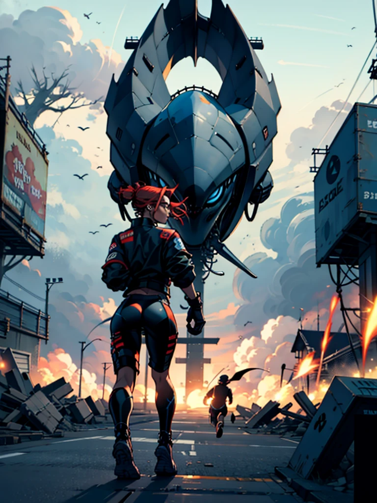 Redhead woman in sensual pose running away walking towards the reader , de portal alienigina , she is looking back , as if someone was chasing her , alien ship