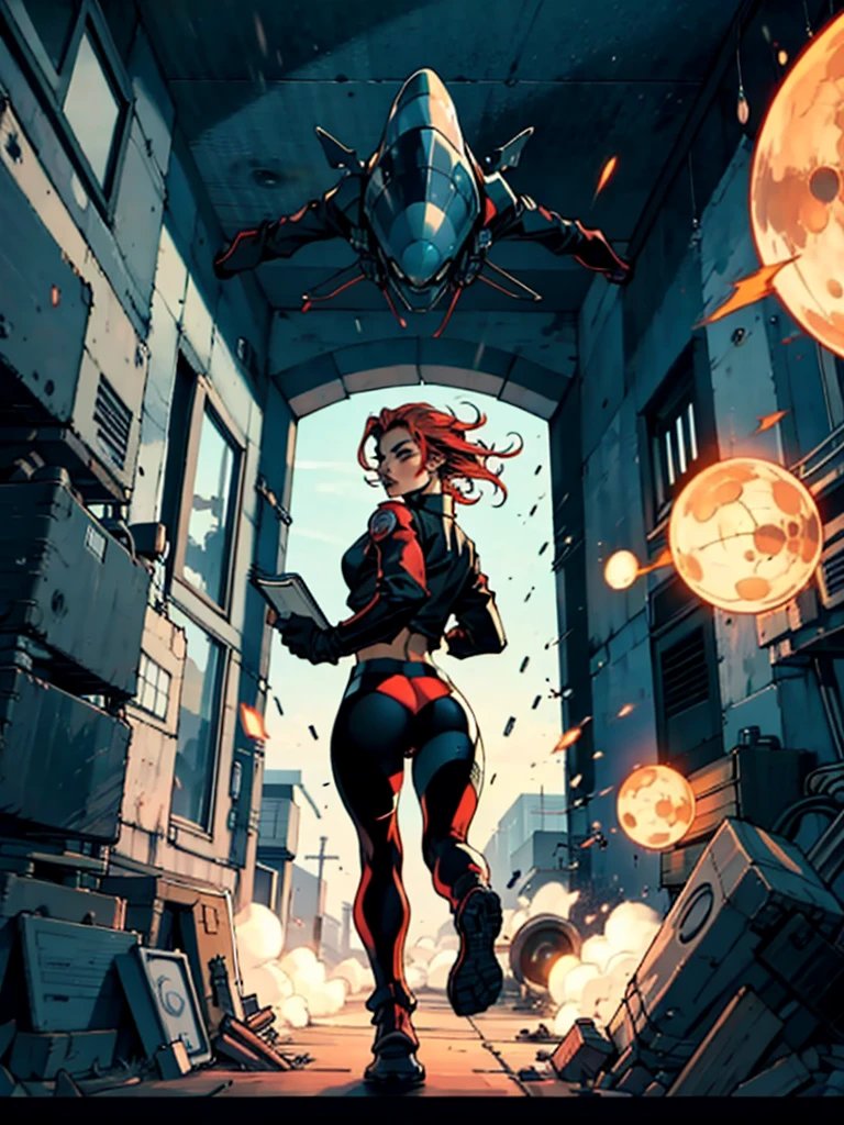 Redhead woman in sensual pose running away walking towards the reader , de portal alienigina , she is looking back , as if someone was chasing her , alien ship