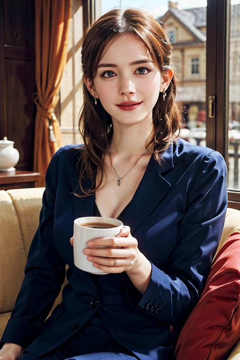 (Preserve face images), pale face:1.3、Super thin face:1.3, (very big eyes:1.5)、 (blown eyes:1.5), master piece、8K, {highest quality}, {{masterpiece}}, {very delicate and beautiful}, outstanding light and shadow, highly detailed wallpaper, clear and bright sunlight, Full body: 1 girl, , blush、(薄い茶colorの髪), strong sunlight, (((Business Suit 1.5))), delicate hair, Acup breasts, shiny skin, Realistic human skin texture, visible wrinkles on the skin., broad shoulders,window, ((a strong light shines on your face)), color々A pose:1.5, necklace、ring、earrings、(Toothless smile:1,5), (((A man sitting cross-legged on a sofa drinking coffee in a stylish cafe)))