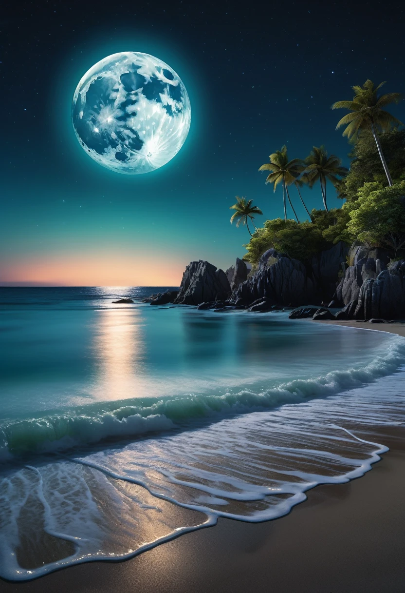 A tranquil beach at night, a full moon illuminating the scene, gentle waves lapping the shore, bioluminescent plankton glowing in the water, serene atmosphere, long exposure photography, cinematic lighting, dramatic shadows, breathtaking scenery, stunning natural beauty, vibrant colors, ethereal mood, detailed textures, realistic rendering, photorealistic, 8K, high resolution, masterpiece