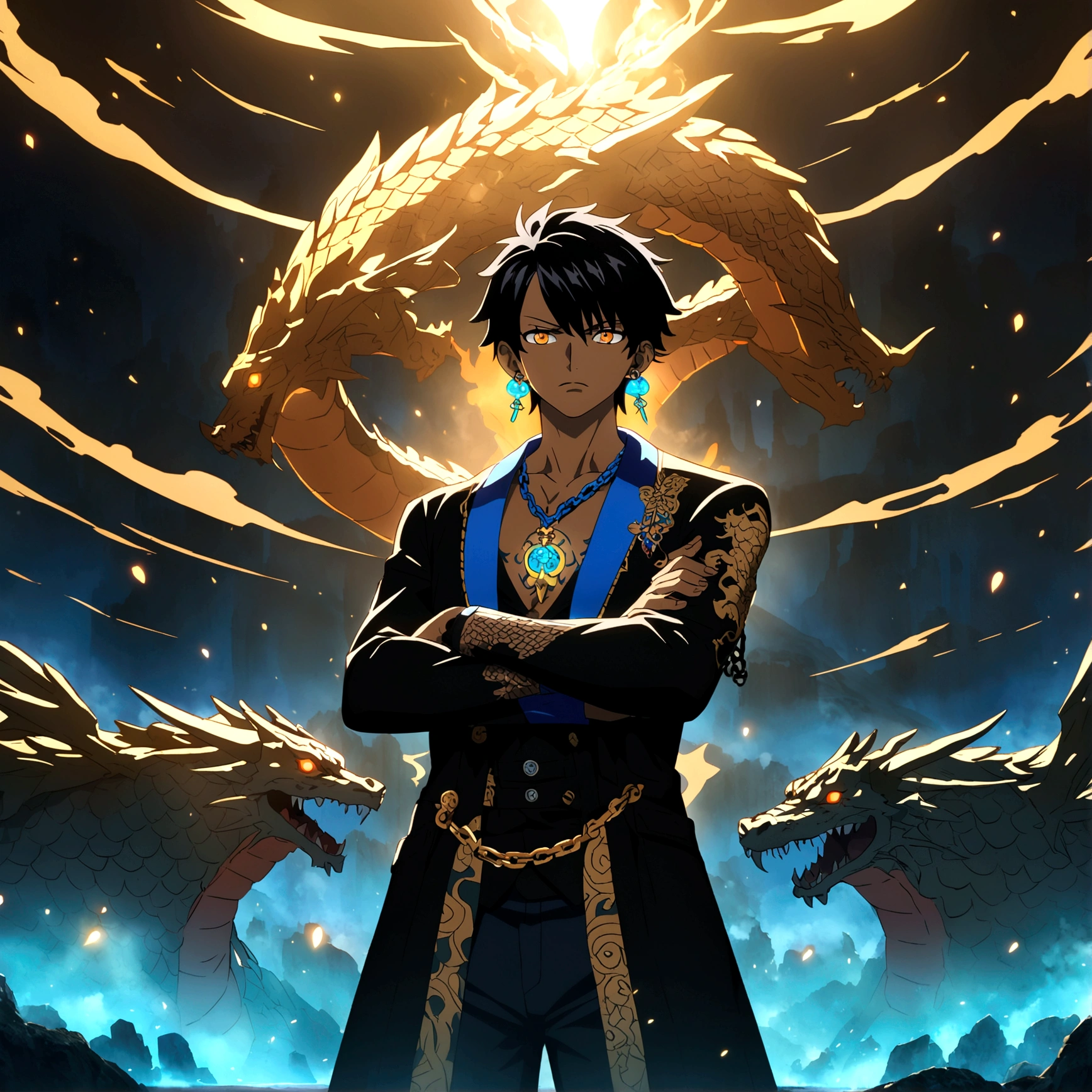boy, brown skin, short black hair with blue gradient, orange right eye, blue left eye, dragon tattoos all over the body, dragon earring, black coat with dragons, chain with dragon pendant, crossed arms, arrogant expression, "One Piece-inspired features, full of dramatic and incredible lighting, dramatic lighting, infused with creative details, ultra-fine 2D design, scenery bathed in creativity, bathed in creativity, boasting HD anime resolution clarity, HD anime graphics, high-octane rendering"