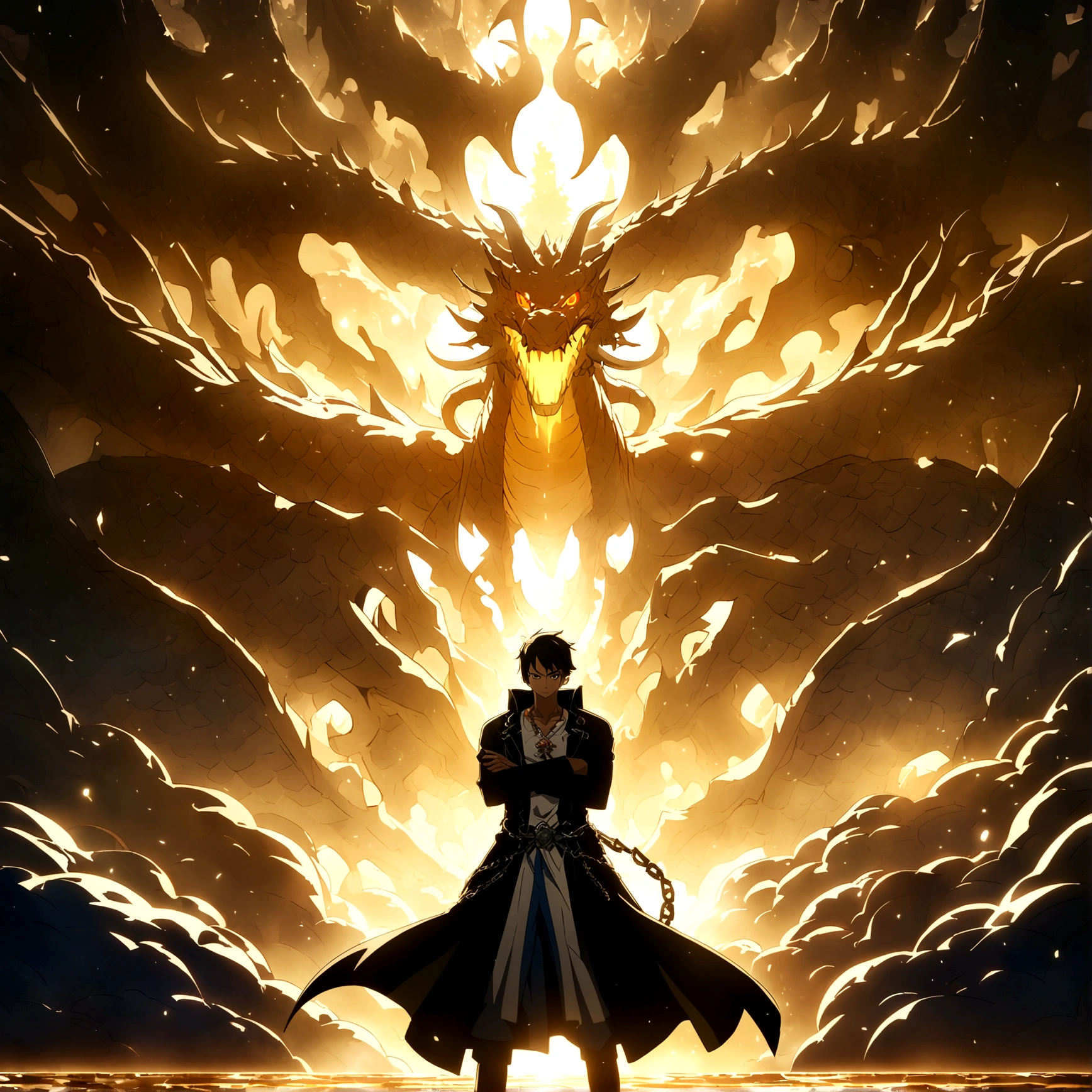  boy, brown skin, short black hair with blue gradient, orange right eye, blue left eye, dragon tattoos all over the body, dragon earring, black coat with dragons, chain with dragon pendant, crossed arms, arrogant expression, "One Piece-inspired features, full of dramatic and incredible lighting, dramatic lighting, infused with creative details, ultra-fine 2D design, scenery bathed in creativity, bathed in creativity, boasting HD anime resolution clarity, HD anime graphics, high-octane rendering"