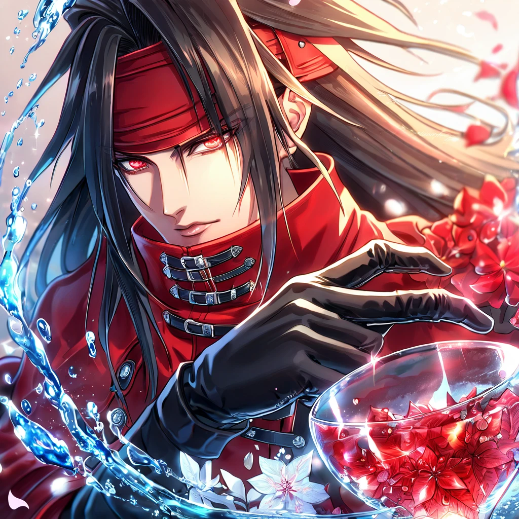 Ultra detailed, HDR, Highres, absurdres, master piece, Vincent Valentine, black long hair, expressive red eyes, red headband, red cape, black leather clothes, Final Fantasy VII, red ice, petals, red ice flowers, man, solo, handsome, glittering, red glass, best quality, black gloves, glass, water, fantasy, magical