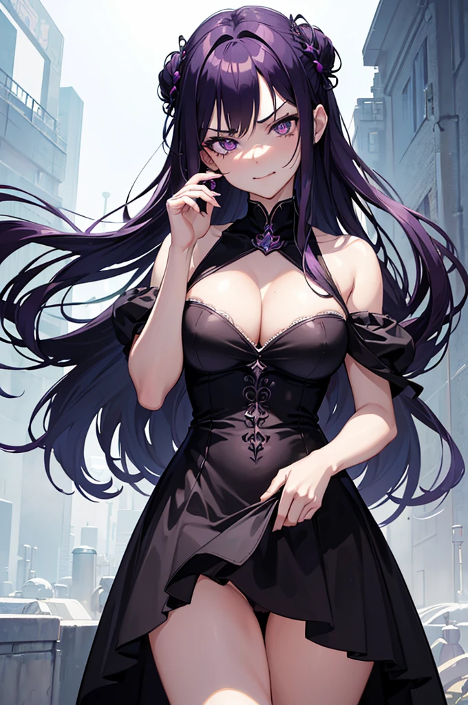 (masterpiece), best quality, expressive eyes, perfect face, (nsfw) not safe for work, 1girl, [highly detailed eyes], (highly detailed eyes), anime girl with long hair, goddess of the galaxy, nebula, dress, [upskirt], (upskirt}, godly stance, godly pose, head leaning on hand, hand on face, from below, seductive anime girl, [seductive face], mommy, milf, cleavage, ((floating)), no panties, anime best girl, an anime drawing inspired by Naka Bokunen, mature, solo, tall, normal body, dark theme, dark aesthetic, ((black and purple hair)), stars on dress design, ((angry)), smirking, smirk, sexy,