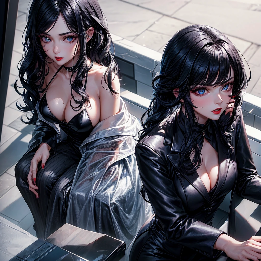 a 26-year-old mafia woman with wavy black hair and blue eyes, black suit with neckline, red lipgloss stick, make-up, cute face with psychopath content