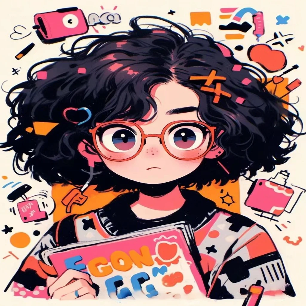 A cartoon girl with glasses holds a book，There are a lot of things around, lovely art style, Cute detailed digital art, Anime style illustration, cute detailed artwork, decora inspired illustrations, Cartoon Art Style, Girl with glasses, Digital anime illustration, Anime style portrait, Guviz-style artwork, trending on artstration, stunning art style, urban girl fanart