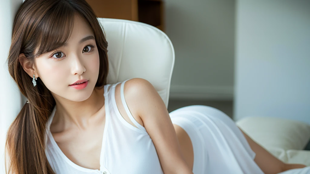 Woman and white furniture,(Detailed face),vivid,chest,cute,White simple clothes,4K,Ultra-high resolution,(Photorealistic:1.7),Long Hair,