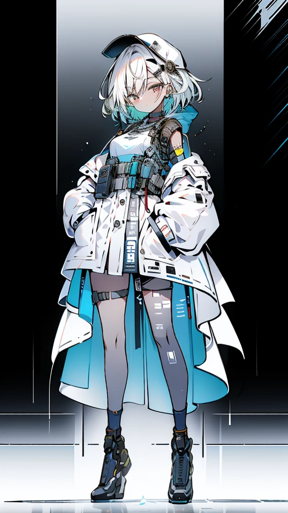 1 girl, short yellow hair, cyberpunk, Alice in Wonderland, black high heels, hand in pocket, best quality, 4k, 8k, highres, masterpiece:1.2, ultra-detailed, realistic, photorealistic, photo-realistic:1.37, HDR, UHD, studio lighting, ultra-fine painting, sharp focus, physically-based rendering, extreme detail description, professional, vivid colors, bokeh, concept art