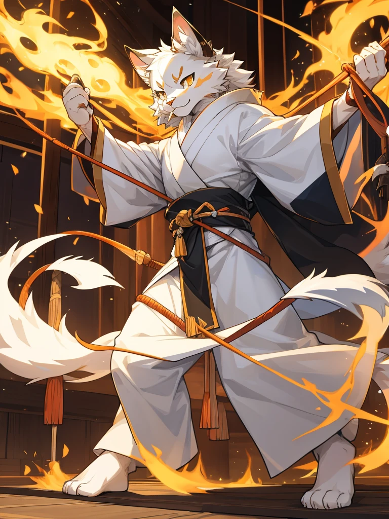 white colored fur Tabaxi mein coon, man, who is very fluffy, with a long whip, wearing long japenese styled robes