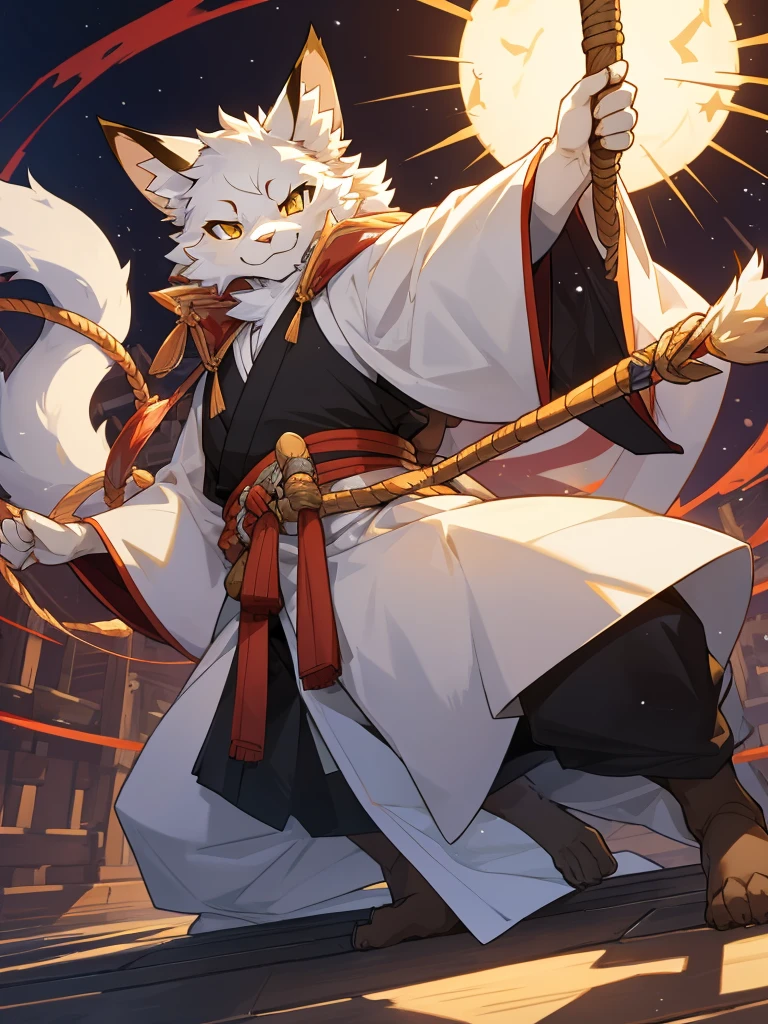 white colored fur Tabaxi mein coon, man, who is very fluffy, with a long whip, wearing long japenese styled robes