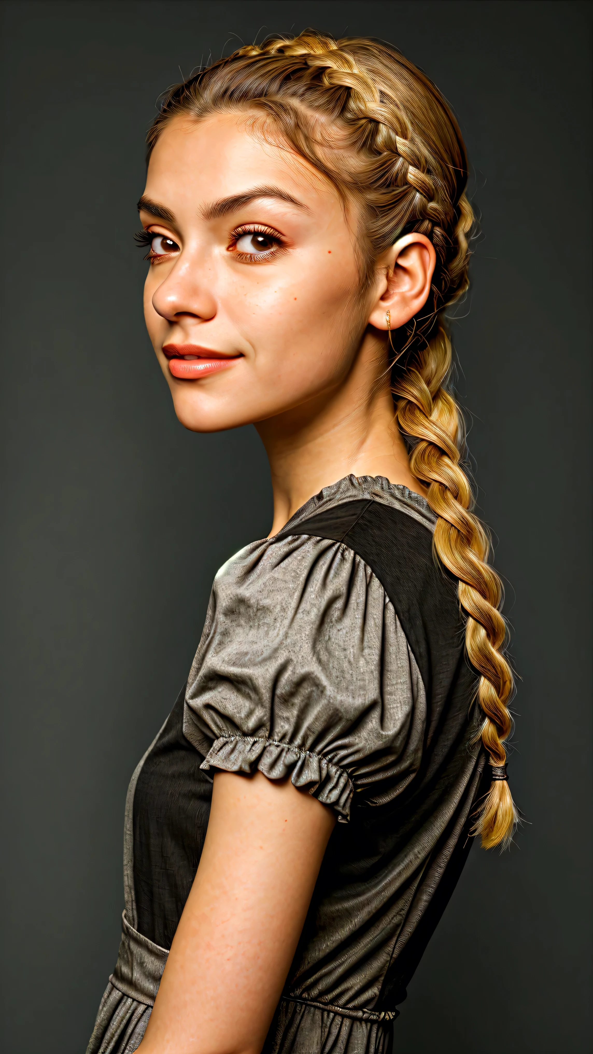 chiaroscuro portrait, high contrast, dramatic, Rembrandt lighting, close range of realistic photo of GiusyMeloni, focus on smiling face, side view wearing a peplum dress , her taupe color hair is styled as side braid hair,