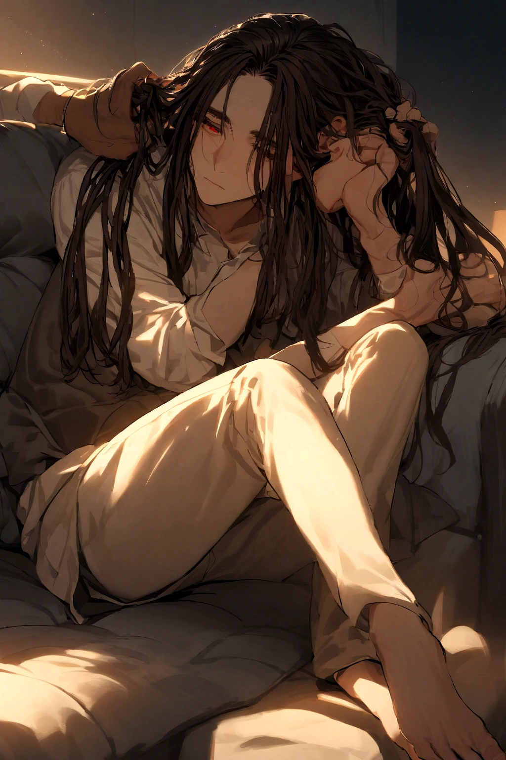 Boy with dreadlocked hair and red eyes, sitting on a sofa while stroking the hair of a boy lying on his legs, The boy's hair is long brown and his eyes are closed.