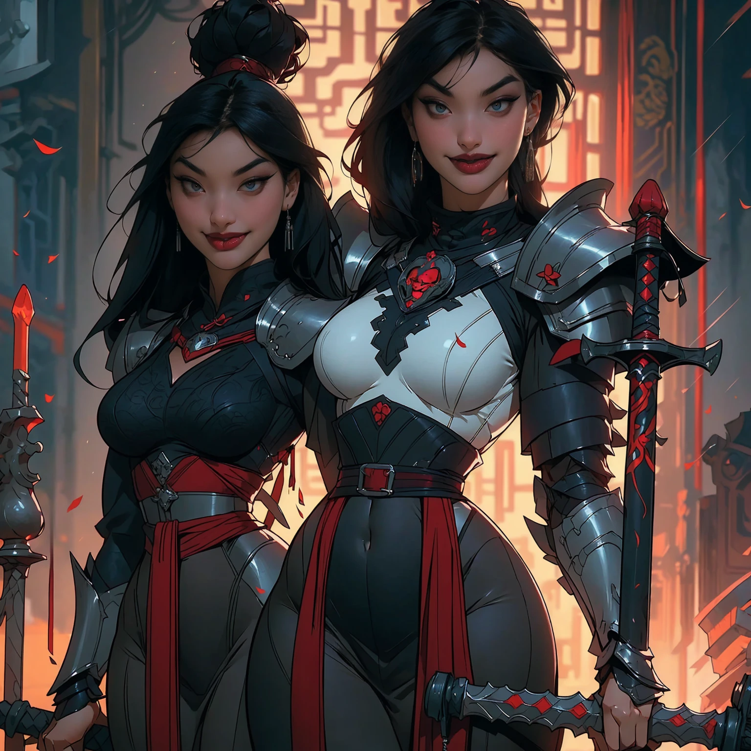 mulan ((black hair, glowing black eyes, wide eyes, lipstick, makeup, narrow waist, skinny, medium breasts, earrings, alone)), pelvic curtain, ((armor, armor cruzade)), full body, perfect body, (insanely detailed, beautiful detailed face, masterpiece, best quality) , (((solo))), (((1girl))), (((mature))), (extremely detailed 8k paper CG wall unit: 1.1), (castle, medieval japan, dusk), (smile face for the viewer),  Chinese style, glowing sword, figthing pose