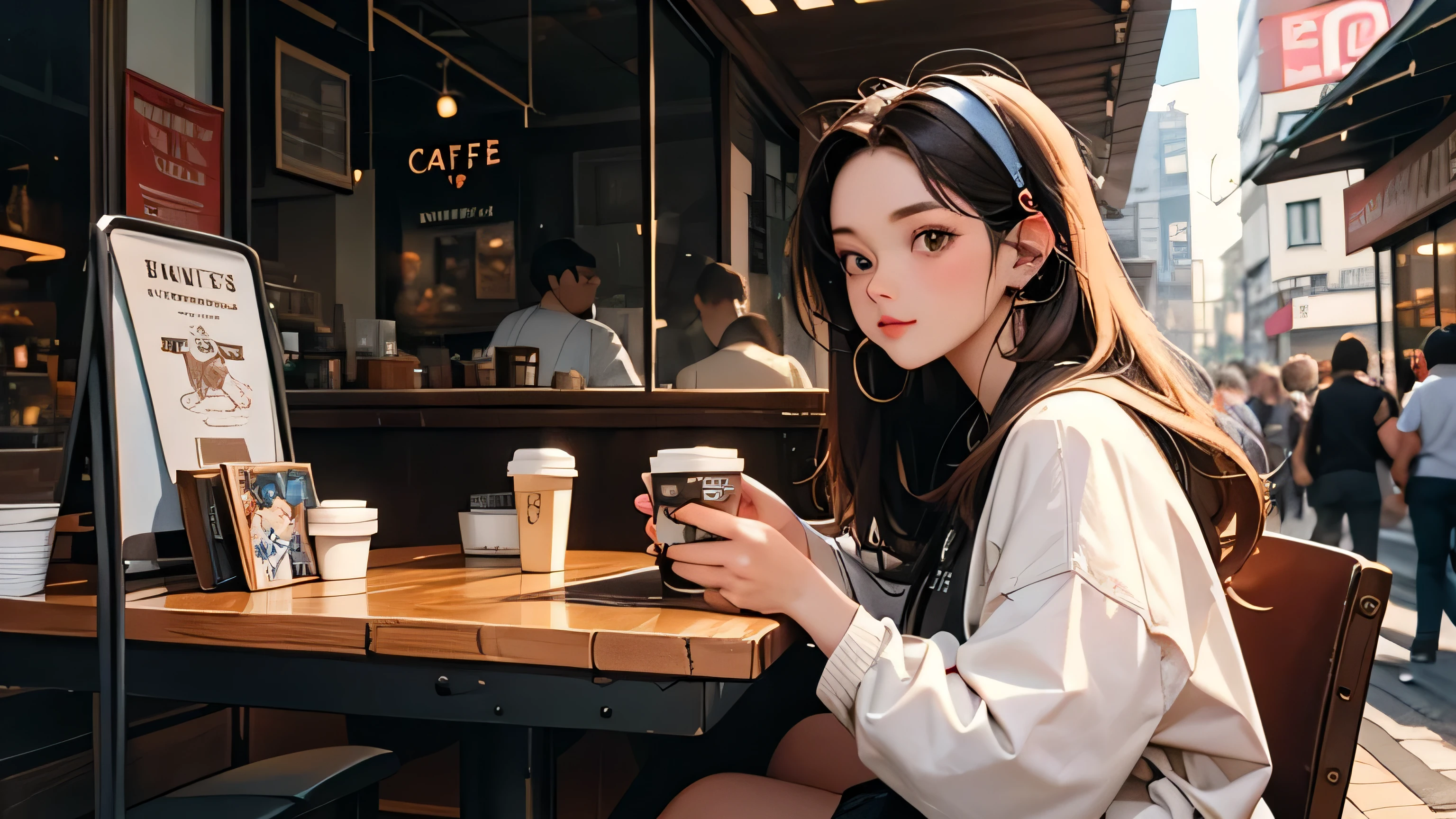 Coffee in a cafe, studying　Street fashion girl　Headphones　LOFI Retro　Stylish　１９９０s　City　evening