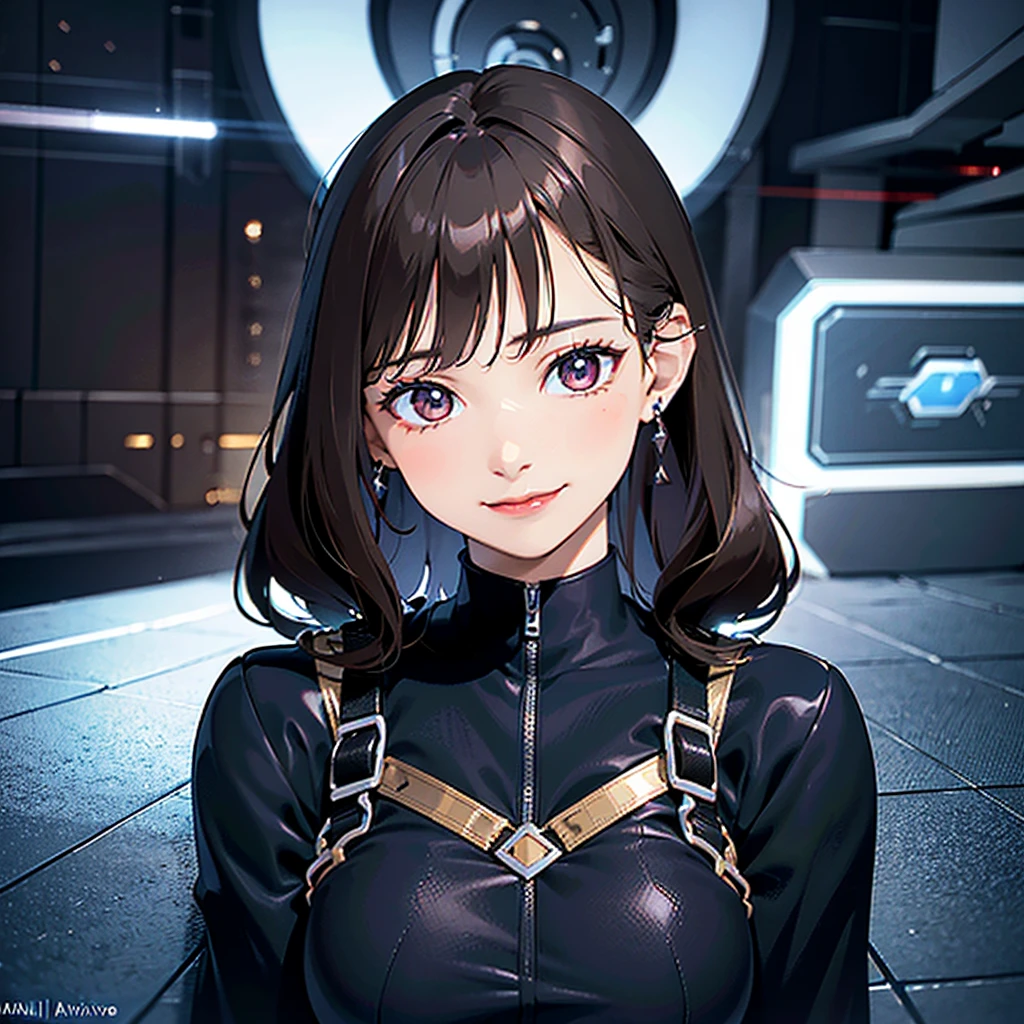 High quality ultra realistic image of a woman. The woman is a mix of Native American and Jewish. Strong features, skin fair. Dark brown curly hair, dark shaped eyes. The woman is dressed in semi-futuristic combat gear. She has guns and knives strapped to her body. The beautiful woman has a mischievous smile. Your eyes shine with hate.