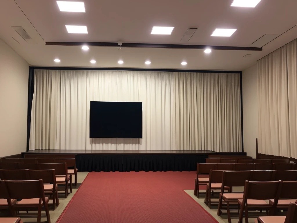 A typical funeral hall in Japan, White wall, curtain,The screen in the center, Symmetrical, Hinomaru composition, Flowers