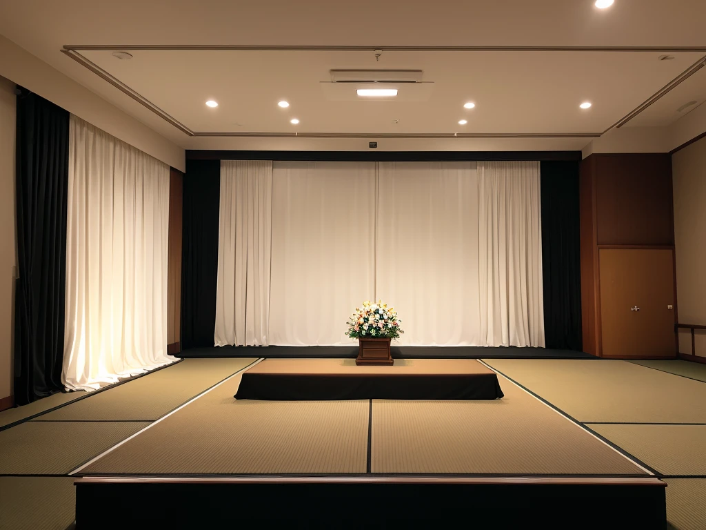 A typical funeral hall in Japan, White wall, curtain,The screen in the center, Symmetrical, Hinomaru composition, Flowers