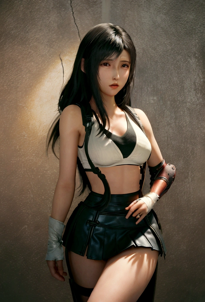 (Realistic: 1.4), 最high quality, Very delicate and beautiful, High resolution,masterpiece, 最high quality, 超High resolution, (Realistic:1.4), Detailed beautiful face, , One girl, Tifa_Lockhart, Final Fantasy VII Remake, Stunning European Women,Cowboy Shot, suspenders, Low rise, Black mini skirt, Black border white tank top, Tense shirt, Black Hair, Long Hair, Sexy Body,Beautiful breasts, Very beautiful and shining eyes,Beautiful feet, So cute, Close-upポトレイト, A lovely girl with a perfect face and soft skin., Perfect Face, ((middel breasts))),Tight waist,Chainetter、thigh、In the dungeon,Complete diagram, Shapely hips, 8k resolution,surreal,Ultra-detailed,high quality, (middlec teardrop chest,  breasts cleavage:1.2)， tit， Close-up,A broad perspective