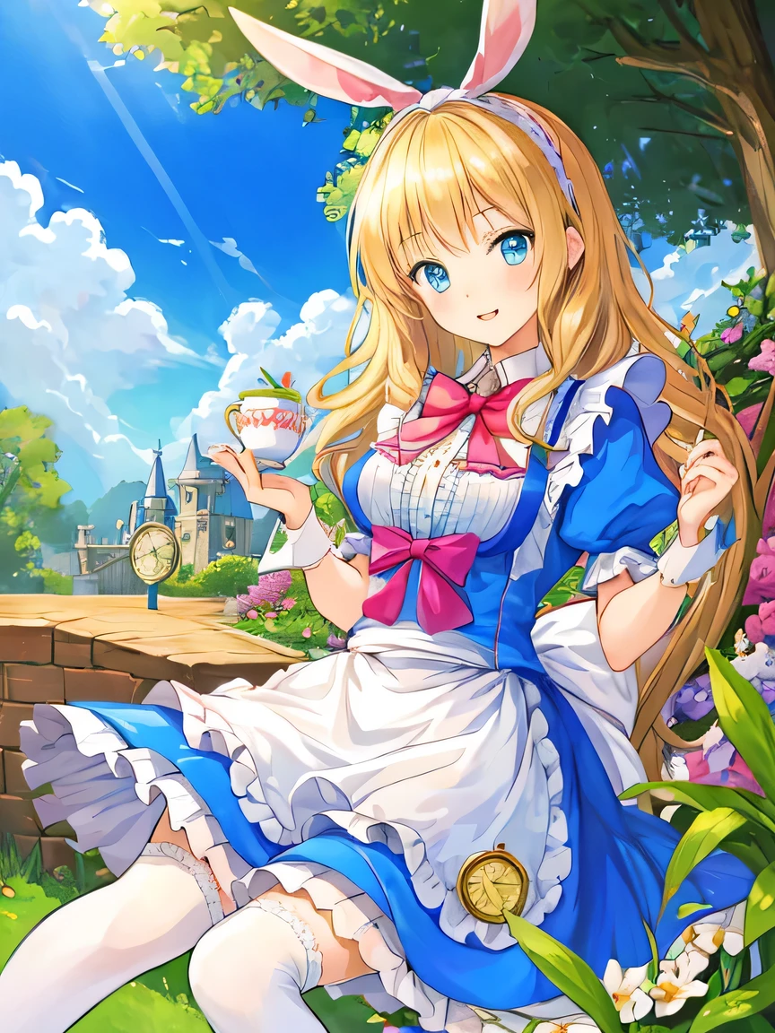 ((Masterpiece)), ((top quality)), very detailed, animated style illustration, 1girl, cute girl, solo, Alice in Wonderland, Alice, dress, blue, blonde hair, headband, fantasy, lolita fashion, frills, ribbon, apron, tea party, striped stockings, Mary Jane shoes, whimsical, dreamy, magical, adventure, rabbit, key, clock, garden, curious, curiouser and curiouser.