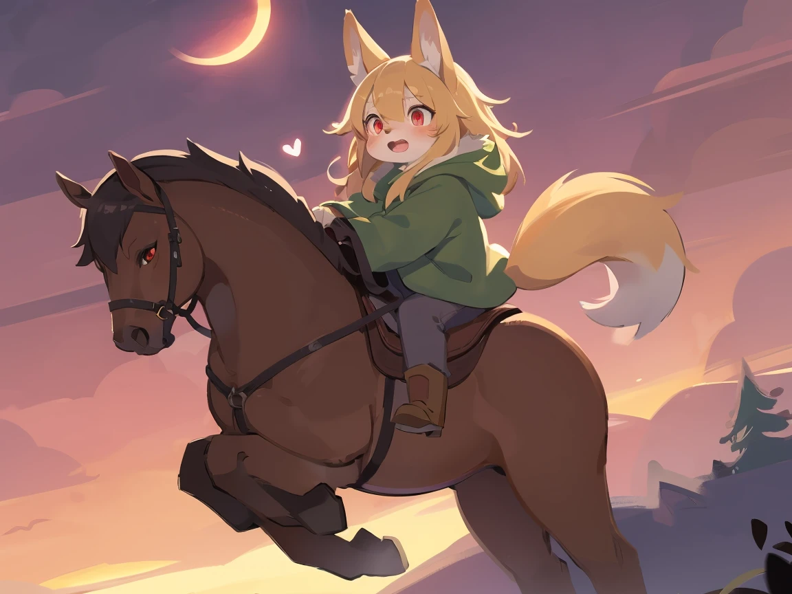 the fox, , was hairy, shaggy, skin fur, smooth lashes, golden fur, forelimb hands, straight long blonde hair, solid circle eyes, golden ears, golden fur, golden facial fur, shiny hair, red eyes, heart-shaped eyes, super cute face, 1fox tail, fluffy tail, furry tail, glowing eyes, green coat green hood down, brown trousers, riding young horse, open mouth, pain face, embarrassed, ambient light, ultra-fine fur, dashed eyes, full body, masterpiece, high quality, high-details, best quality, (((solo))), twilight, sun light, red sky, rim light