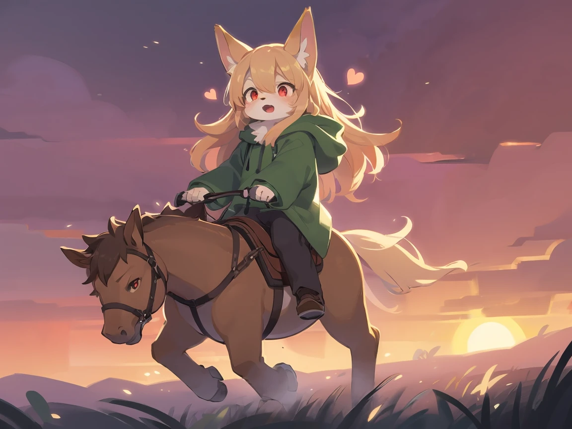 the fox, , was hairy, shaggy, skin fur, smooth lashes, golden fur, forelimb hands, straight long blonde hair, solid circle eyes, golden ears, golden fur, golden facial fur, shiny hair, red eyes, heart-shaped eyes, super cute face, 1fox tail, fluffy tail, furry tail, glowing eyes, green coat green hood down, brown trousers, riding young horse, open mouth, pain face, embarrassed, ambient light, ultra-fine fur, dashed eyes, full body, masterpiece, high quality, high-details, best quality, (((solo))), twilight, sun light, red sky, rim light