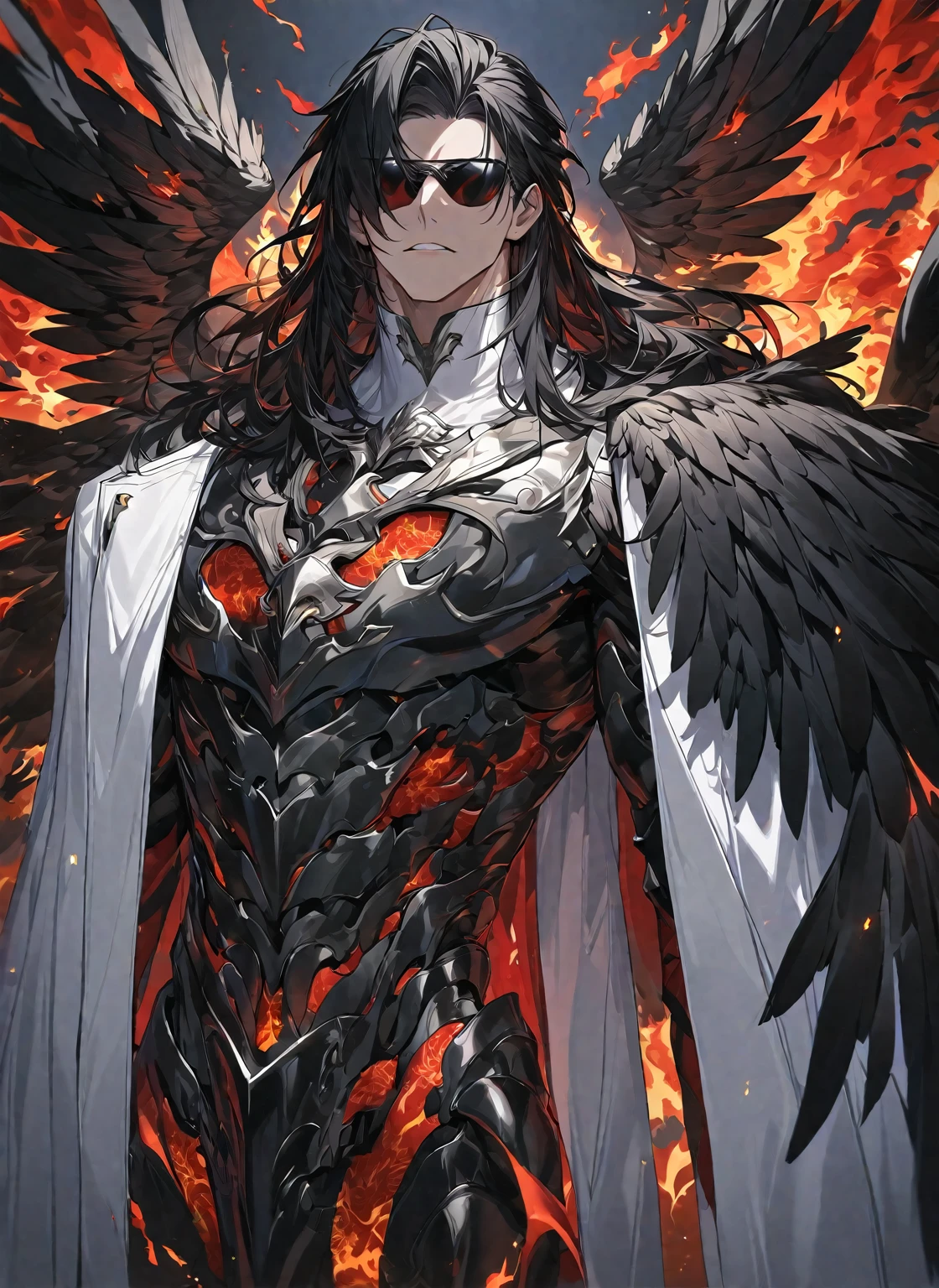 Best quality, One, handsome, 1 man, tall man, with a sports body, V-shaped body, wide shoulders, black detailed armor with luminous white details, 10 black feathered wings, long hair, Black hair covered with Fire Coals, neon white pupils (white eyes), against the background Black fire with shades of red