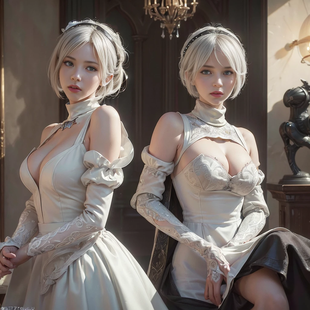 ((Hyper realistic super detailed, masterpiece:9.8, top quality:9.8, best quality:9.8, official art, beautiful and aesthetic:2.9)), safe for work, sfw,ultra high res,(photorealistic:3.5), extreme detailed,colorful,highest detailed, official art, unity 8k wallpaper, ultra detailed, 1girl, (((High-low bob hairstyle))), Detailed face:3.0, breasts, cleavage, cleavage cutout, dress cutout, ((white background)), hair between eyes, headband, high-low bob hairstyle, high resolution, juliet sleeves, long sleeves, nier (series), (nier automata, 2b), (high low bob), fluffy sleeves, red lips, short hair, solo, beautiful:2.5, masterpiece, best quality, turtleneck sweater, upper body, cinematic lighting, HDR (High Dynamic Range),Ray Tracing,NVIDIA RTX,Super-Resolution,Unreal 5,Subsurface scattering,PBR Texturing,Post-processing,Anisotropic Filtering,Depth-of-field,Maximum clarity and sharpness,Multi-layered textures,Surface shading,Accurate simulation of light-material interaction,Perfect proportions,Octane Render,Two-tone lighting,Wide aperture,Low ISO,White balance,Rule of thirds,8K RAW,