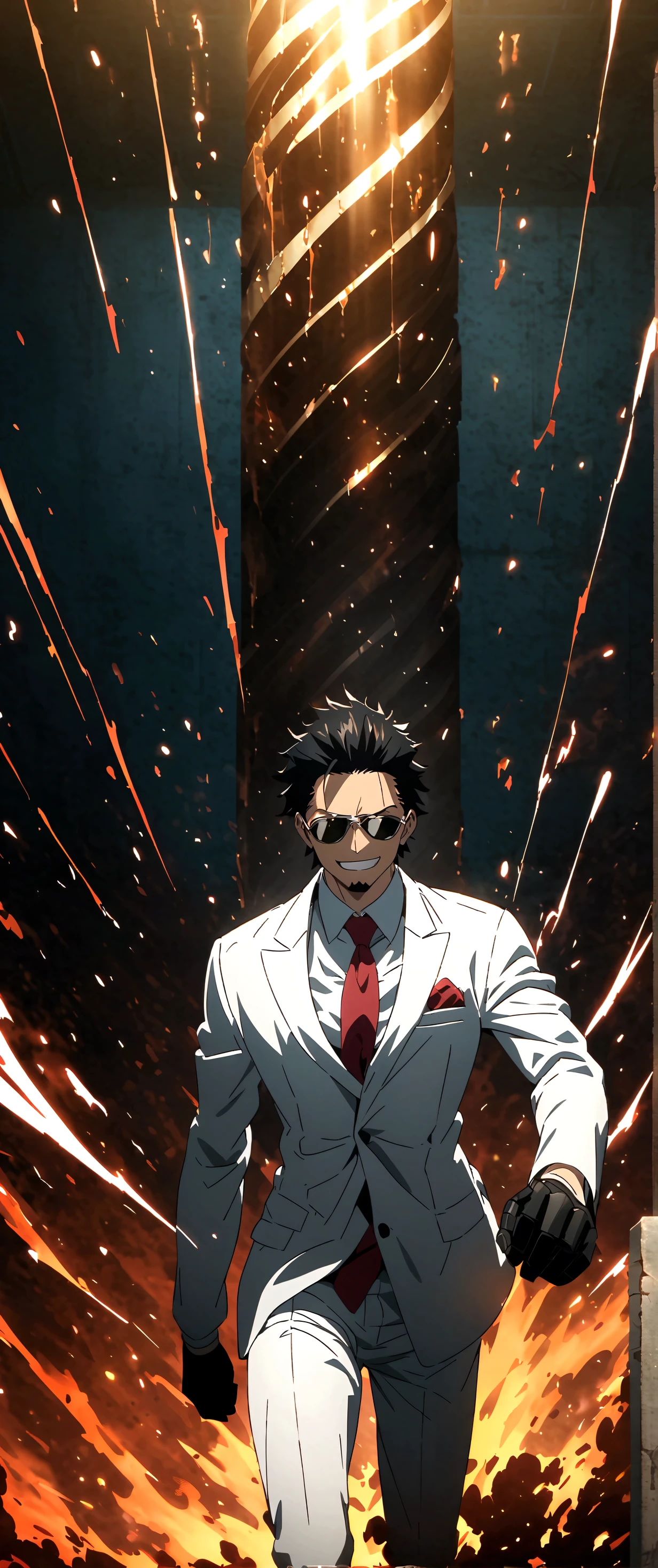 Man,Slim body,Long black hair,White suit,Red tie,Sunglasses,Goatee,Black gloves,Mad scientist smile,Mad Scientist,White mechanical arms,Laboratory setting,One Piece inspired anime lines,Drenched in dramatic,amazing lighting,dramatic lighting,infused with creative details,ultra-fine 2D design,setting bathed in creativity,bathed in creativity,boasting HD anime resolution clarity,HD anime graphics,high-octane rendering