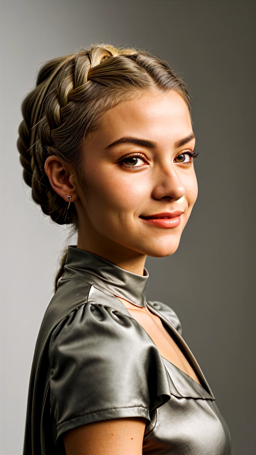 chiaroscuro portrait, high contrast, dramatic, Rembrandt lighting, close range of realistic photo of GiusyMeloni, focus on smiling face, side view wearing a peplum dress , her taupe color hair is styled as side braid hair,